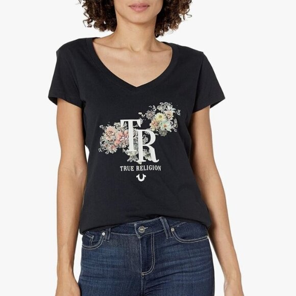 True Religion Women's Size Medium Black Bouquet Short Sleeve V Neck T-Shirt - Picture 1 of 7